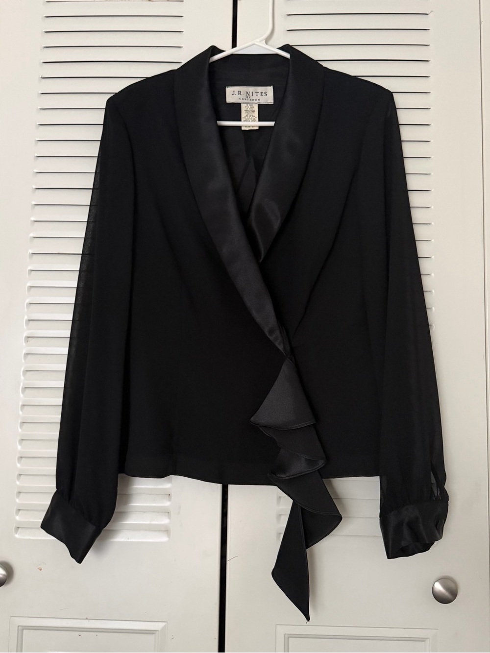 J.R. Nites Black Satin-Trim Ruffle Front Blouse Size 12